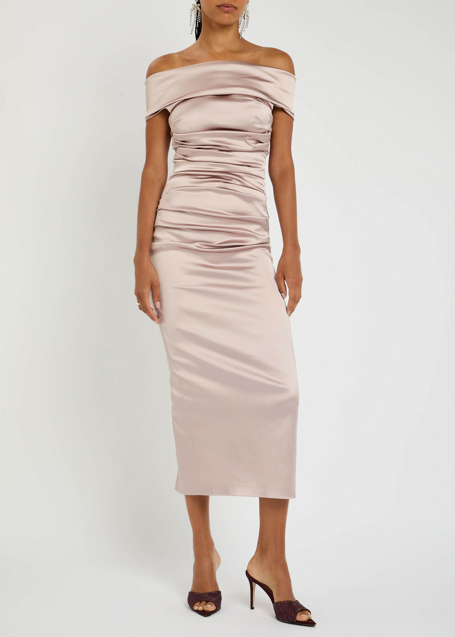 Talbot Runhof Gathered Satin Midi Dress Light Pink