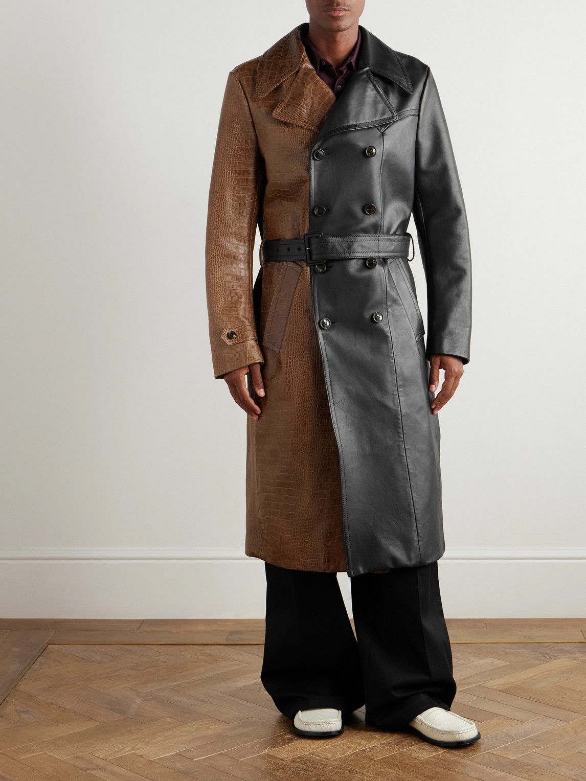 Marni - Double-Breasted Belted Two-Tone Croc-Effect Leather Coat - Black