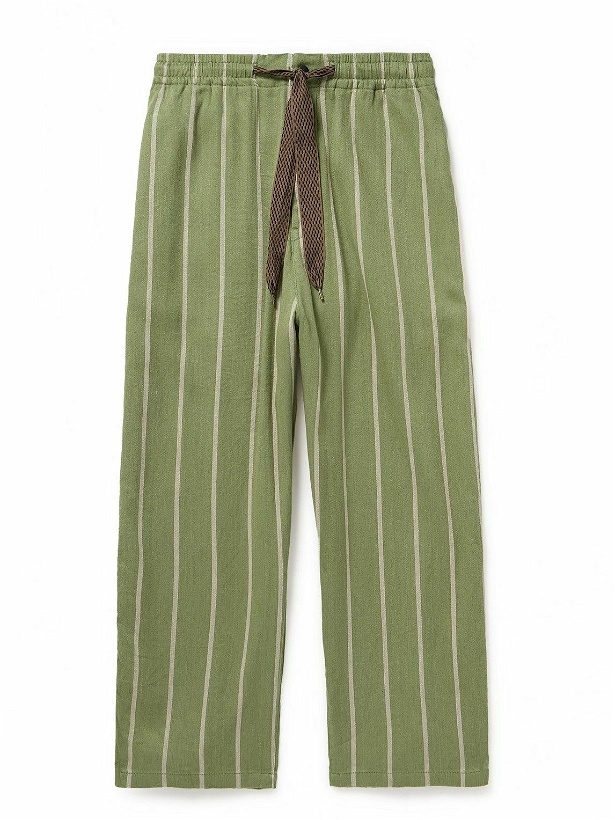 Photo: KAPITAL - Phillies Striped Linen and Cotton-Blend Drawstring Trousers - Green