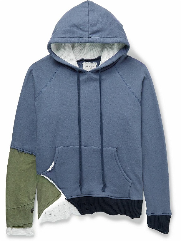 Photo: Greg Lauren - Multi Fragment Distressed Patchwork Poplin, Waffle-Knit and Cotton-Jersey Hoodie - Blue
