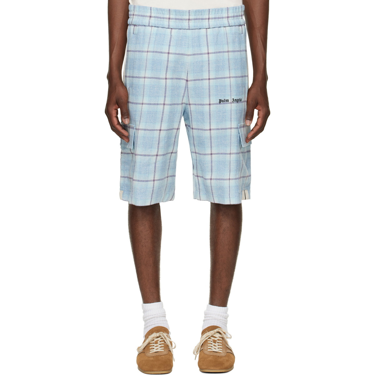 Palm Angels Blue Logo Check Cargo Shorts