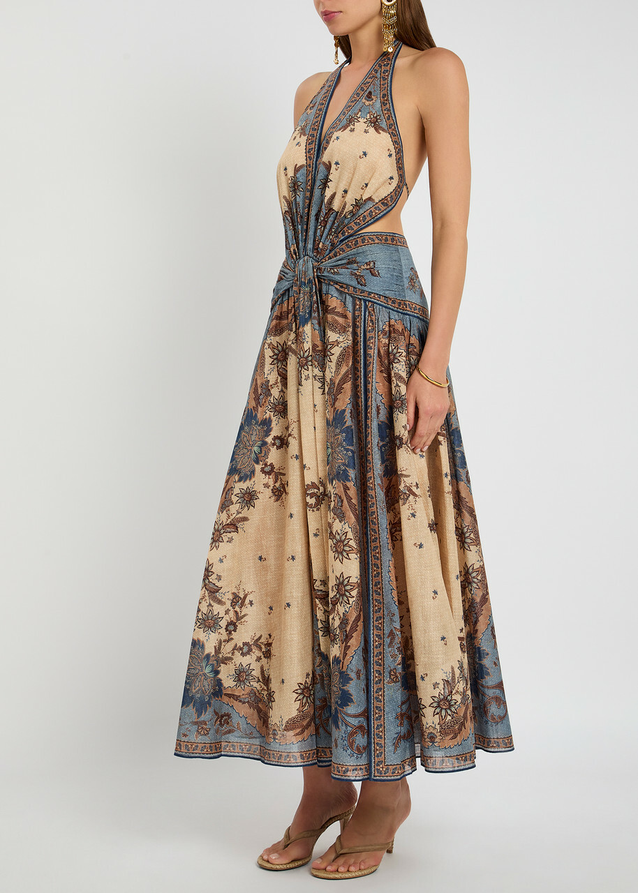 Zimmermann Ascension Plunge Halter Printed Cotton Maxi Dress
