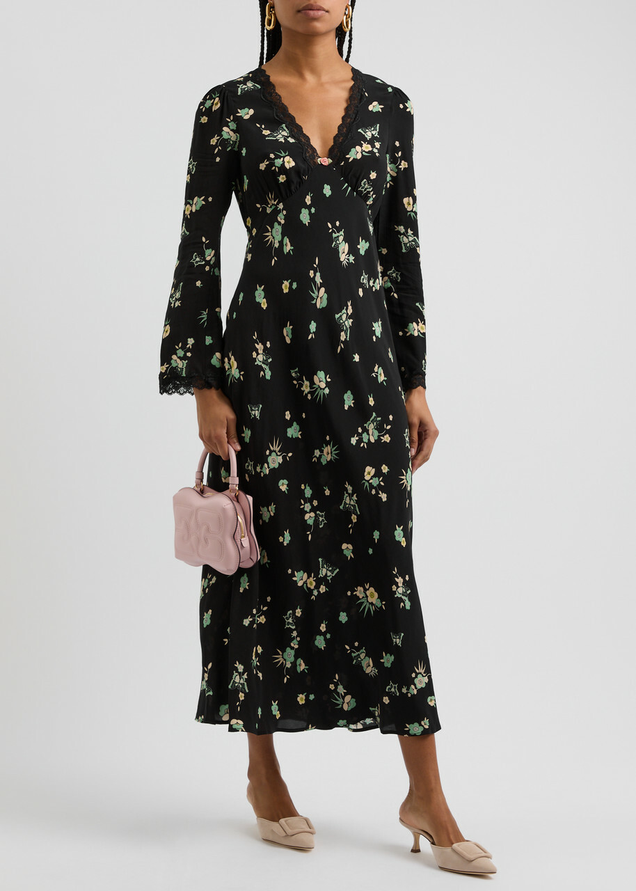 Rixo Blair Floral-print Lace-trimmed Midi Dress Black Rixo Rixo Blair Floral-print Lace-trimmed Midi Dress Black Rixo