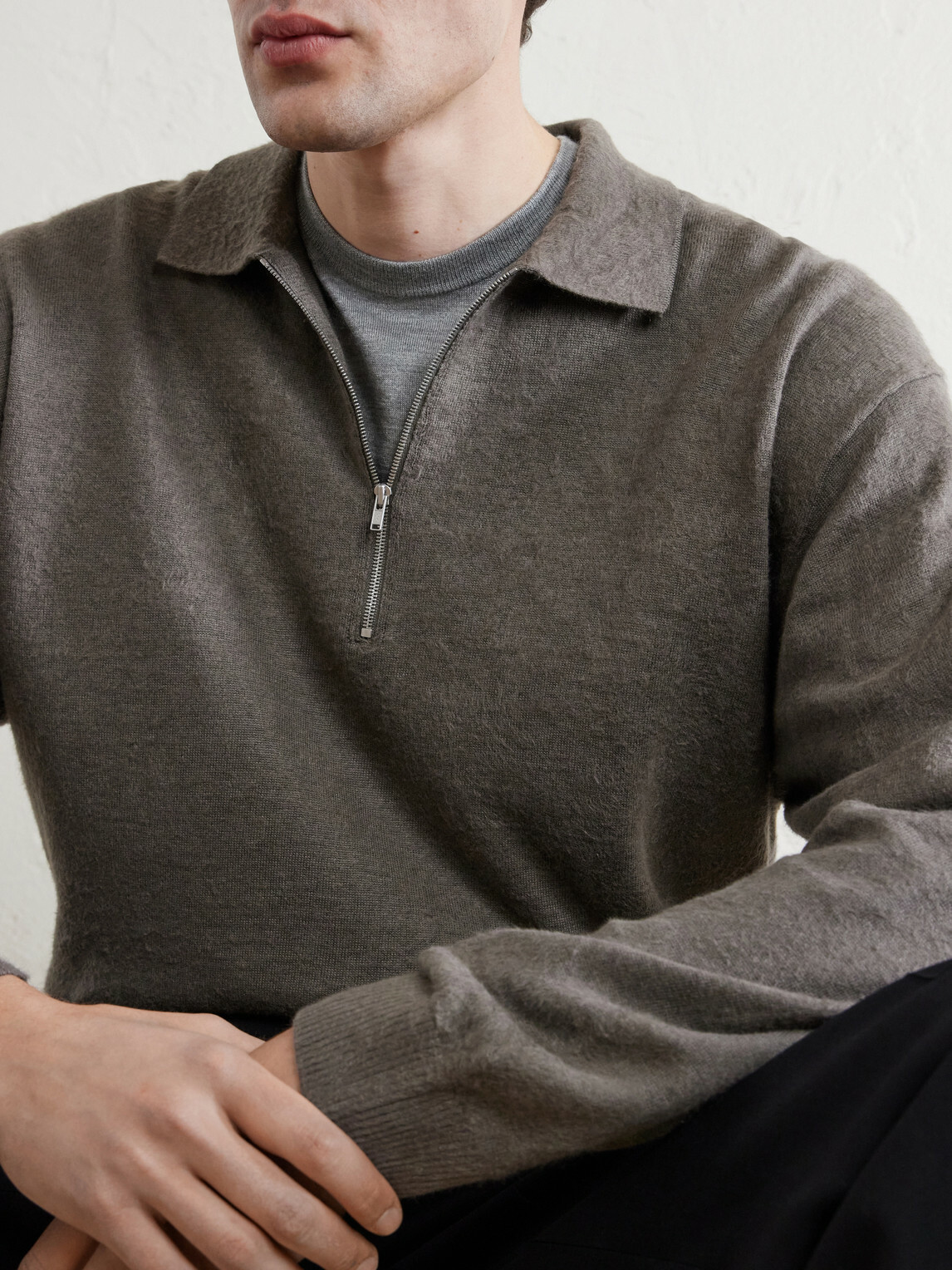 ATON - Linen and Cotton-Blend Half-Zip Polo Sweater - Gray