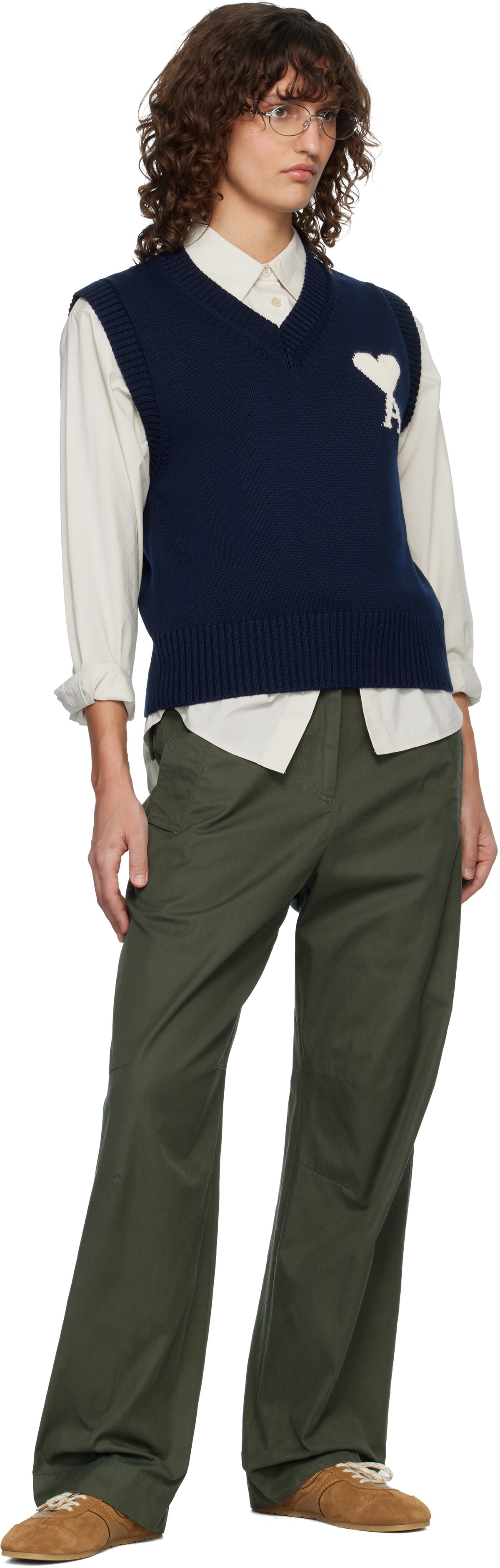 AMI Paris Navy Wool & Cotton Sleeveless Ami de Coeur Vest