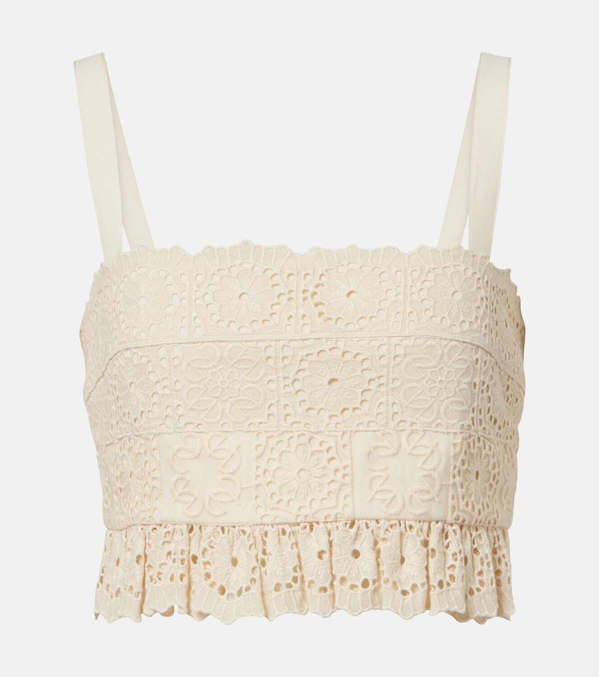 Elie Saab Guipure lace ruffled cotton and silk crop top