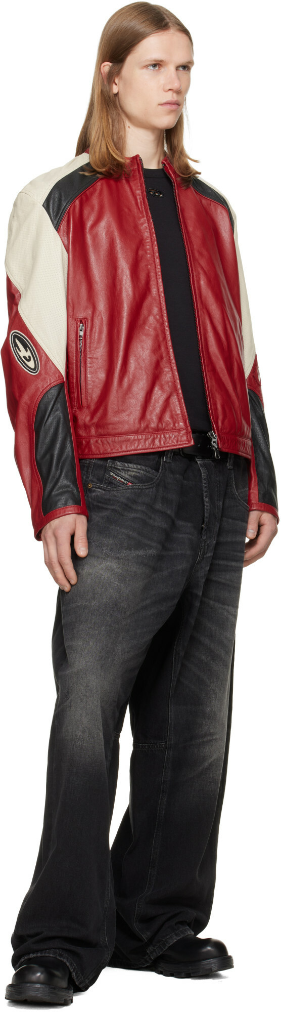 Diesel Red Colour-Block Perforated Leather Biker Jacket
