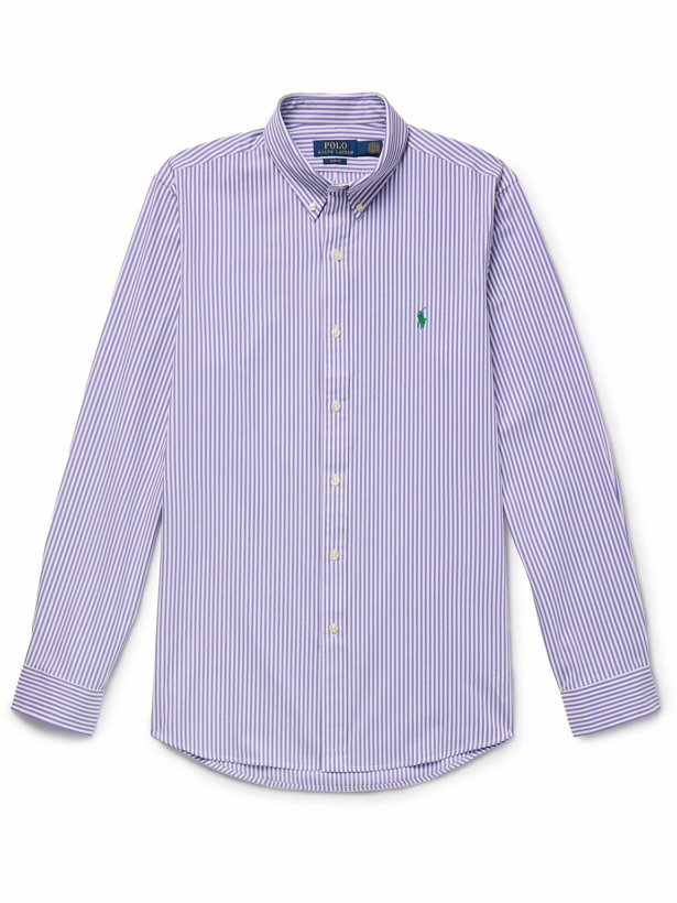 Photo: Polo Ralph Lauren - Slim-Fit Button-Down Collar Logo-Embroidered Striped Cotton-Blend Poplin Shirt - Purple