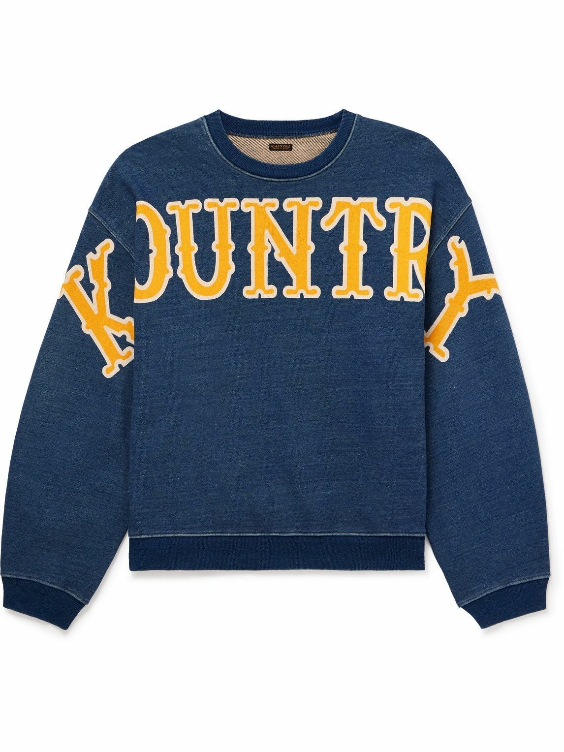 Photo: KAPITAL - Denim-Trimmed Logo-Print Cotton-Jersey Sweatshirt - Blue