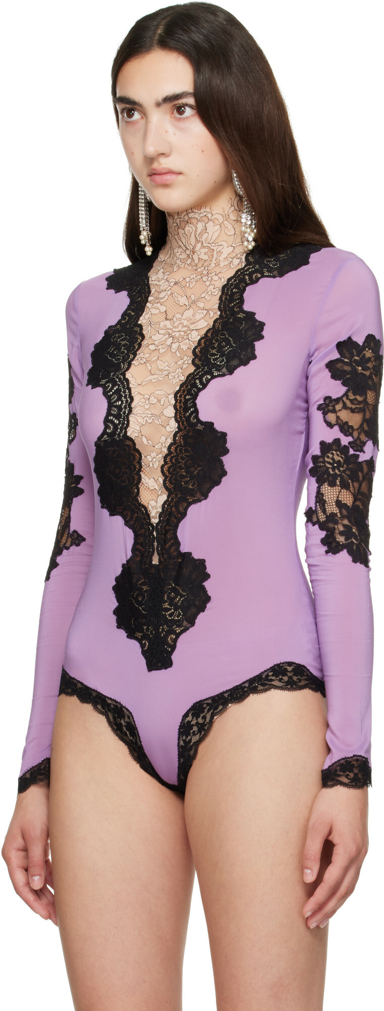 Valentino Purple Jersey Lace Bodysuit
