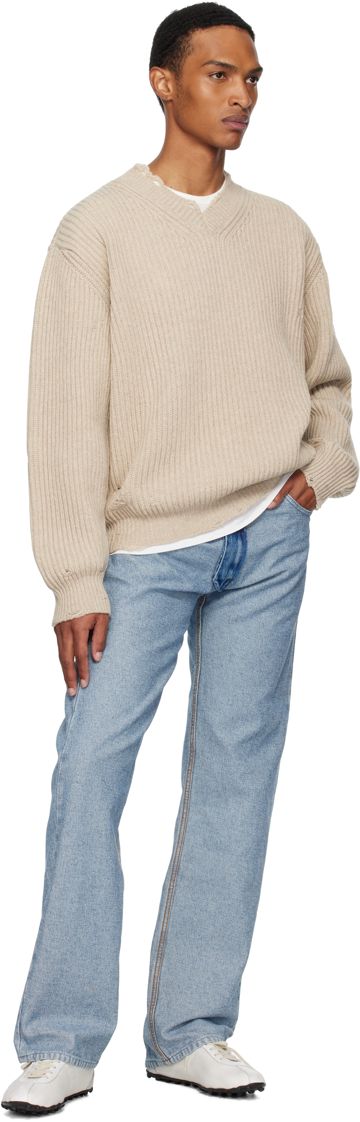MM6 Maison Margiela Beige Ribbed Wool Knit Sweater MM6 Maison Margiela