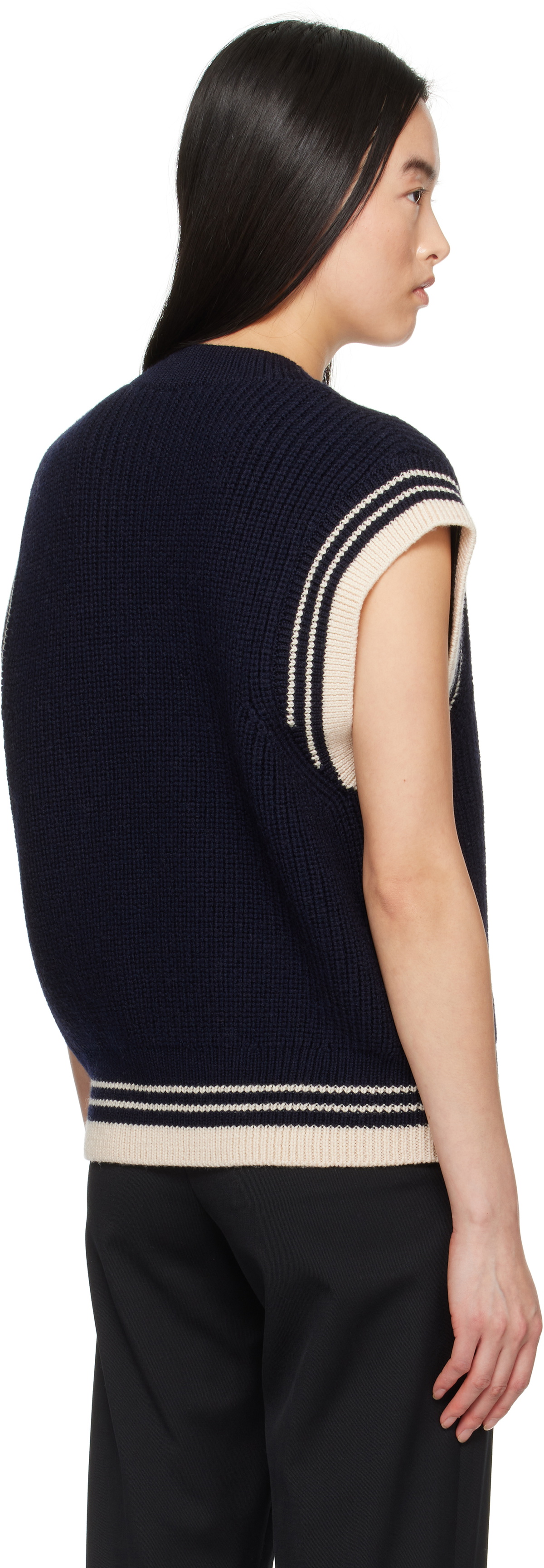 AMI Paris Navy Wool Ribbed Sleeveless V Neck Vest
