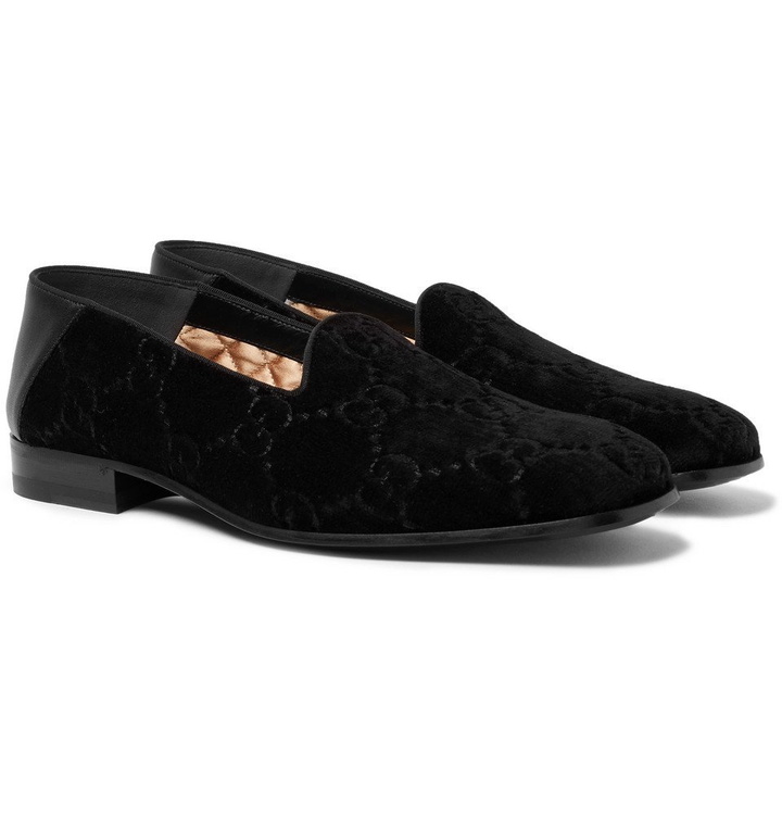 Photo: Gucci - Collapsible-Heel Leather-Trimmed Logo-Embroidered Velvet Loafers - Men - Black