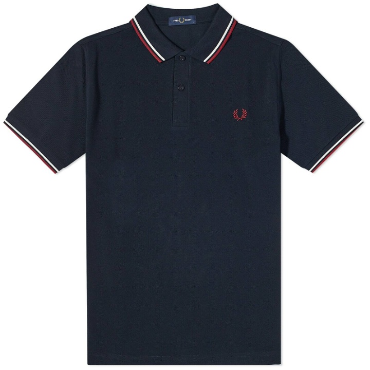Photo: Fred Perry Men's Slim Fit Twin Tipped Polo Shirt in Navy/Snow White/Burnt Red