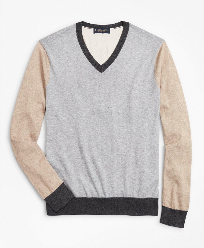 Photo: Brooks Brothers Men's Silk and Cotton Color-Block V-Neck Sweater | Grey