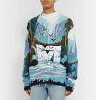 Off-White - Oversized Embroidered Intarsia Cotton-Blend Sweater - Blue