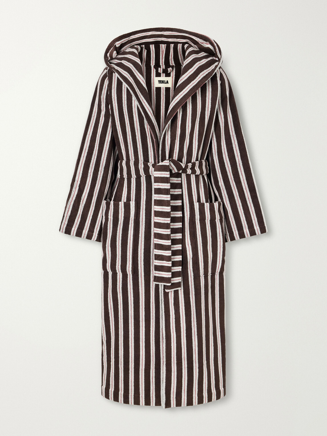 TEKLA - Hooded Belted Striped Organic Cotton-Terry Robe - Brown