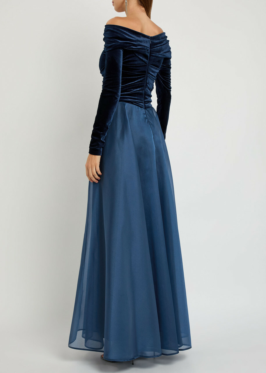 Talbot Runhof Draped Velvet and Organza Gown Navy