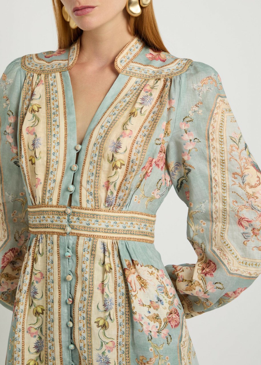 Zimmermann Roselight Printed Plunge Linen Midi Dress Blue