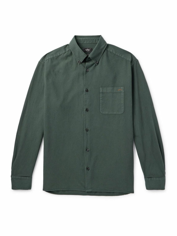 Photo: A.P.C. - Mateo Button-Down Collar Logo-Embroidered Cotton-Twill Shirt - Green