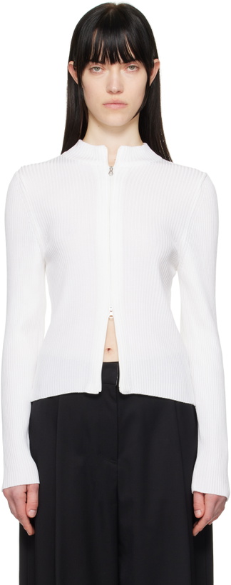 Photo: AMOMENTO White Ribbed Mock Neck Cardigan