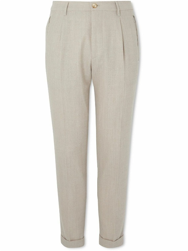 Photo: Etro - Tapered Pleated Virgin Wool-Blend Trousers - Neutrals