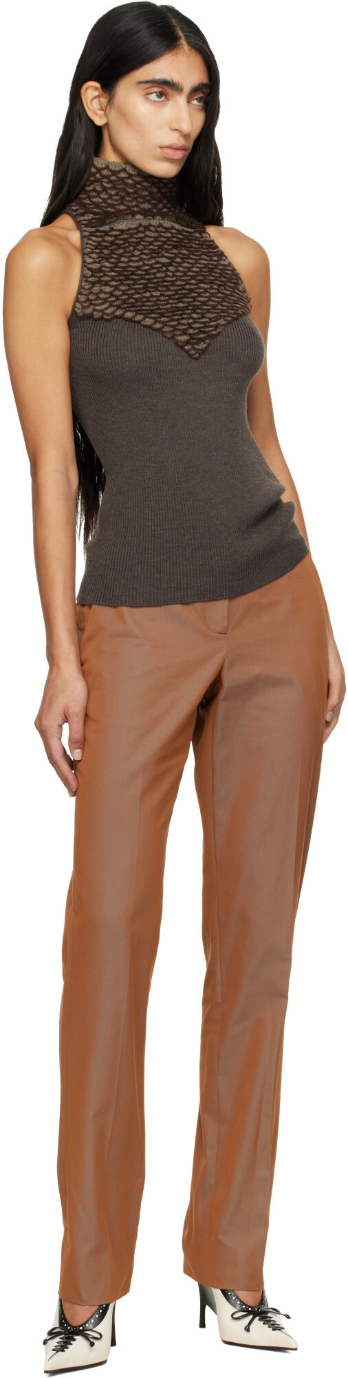 McQueen Brown Knit Feathers Top