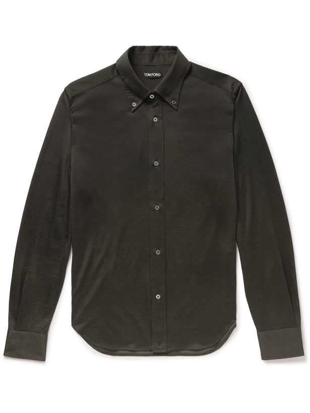 Photo: TOM FORD - Button-Down Collar Jersey Shirt - Brown