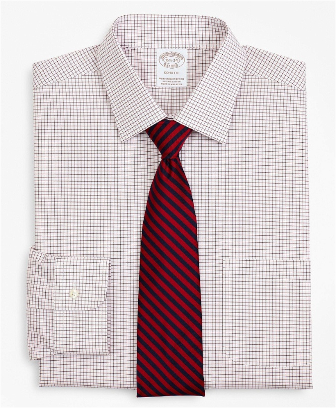 Photo: Brooks Brothers Men's Stretch Soho Extra-Slim-Fit Dress Shirt, Non-Iron Poplin Ainsley Collar Small Grid Check | Red