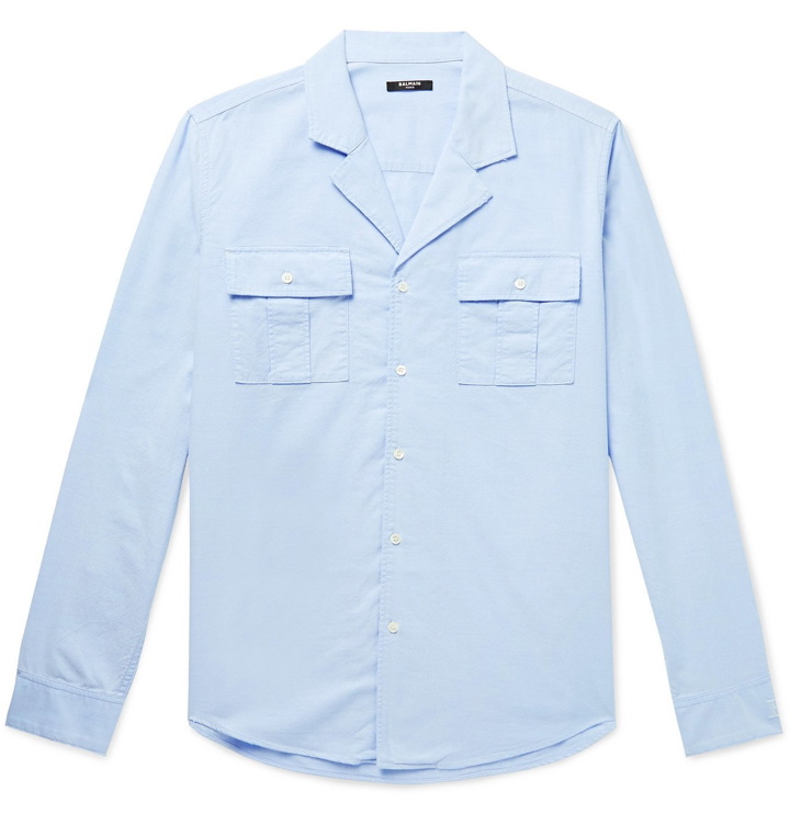 Photo: BALMAIN - Camp-Collar Distressed Cotton Oxford Shirt - Blue