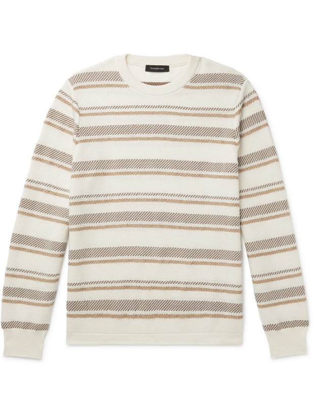 Photo: ERMENEGILDO ZEGNA - Striped Cotton and Silk-Blend Sweater - Neutrals