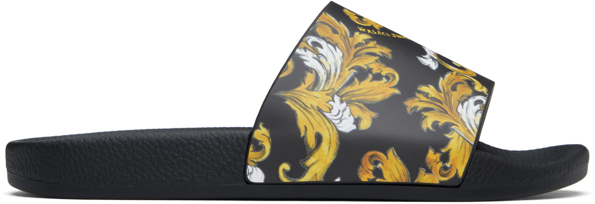 Versace Jeans Couture Black & Gold Outline Barocco Pool Slides