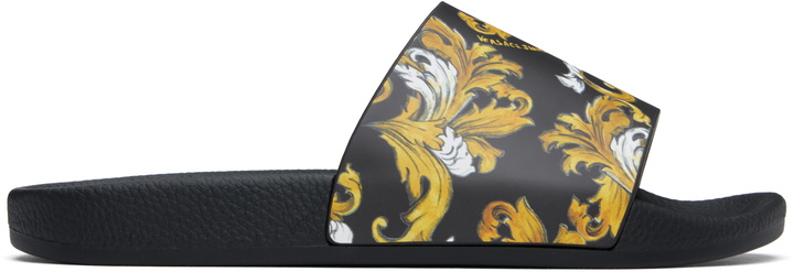 Photo: Versace Jeans Couture Black & Gold Outline Barocco Pool Slides
