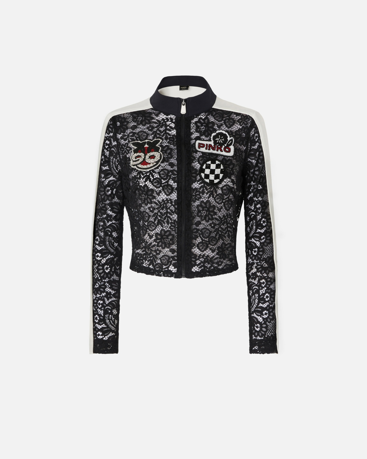Pinko Light Lace Jacket With Embroidered Patches Black/White