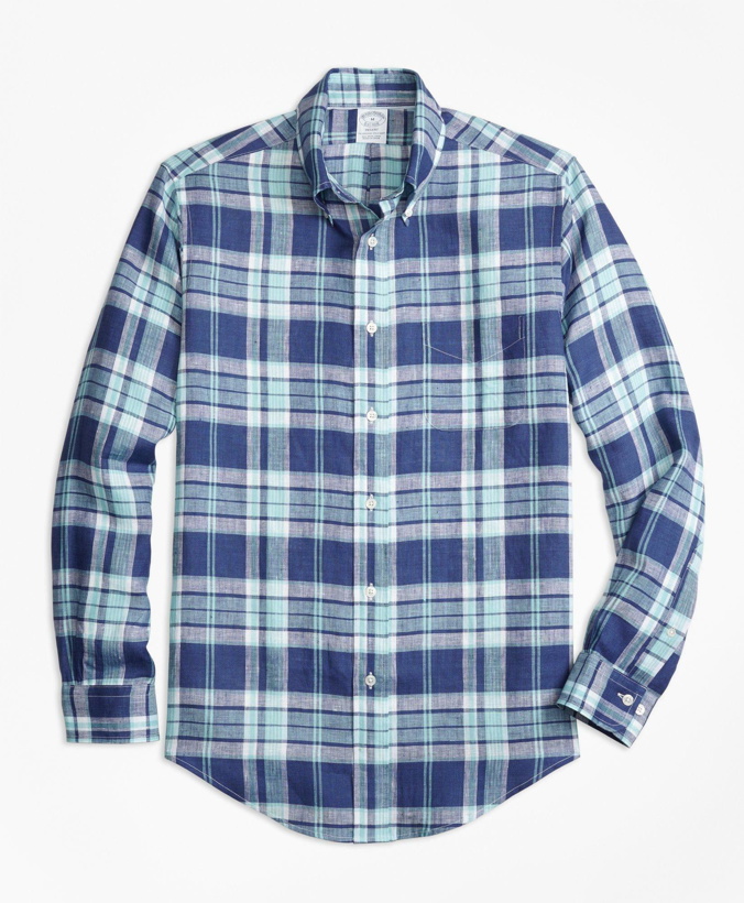 Photo: Brooks Brothers Men's Regent Regular-Fit Sport Shirt, Blue Plaid Irish Linen