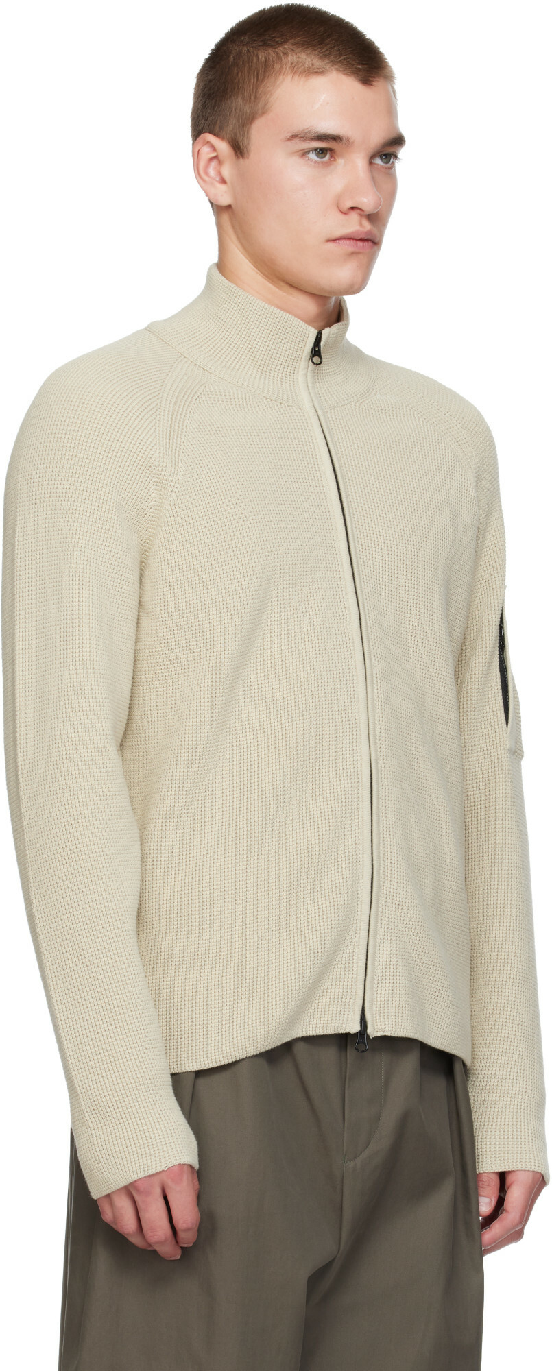 C.P. Company Beige Waffle Knit Cotton Zip Lens Jacket