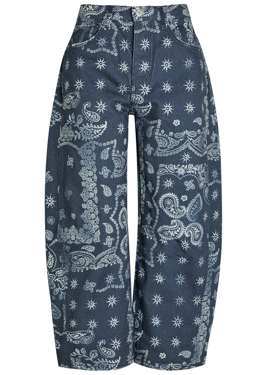 Free People Good Luck Printed Barrel-leg Jeans Blue