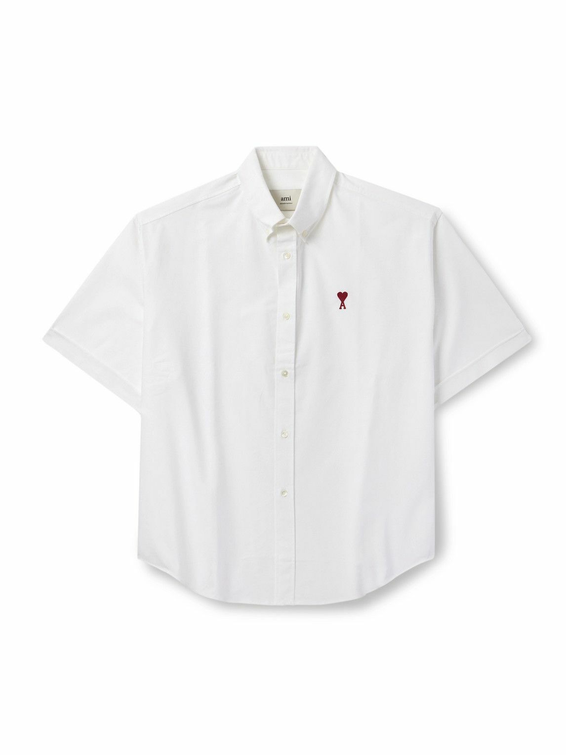 AMI PARIS - Button-Down Collar Logo-Embroidered Cotton Oxford Shirt - White