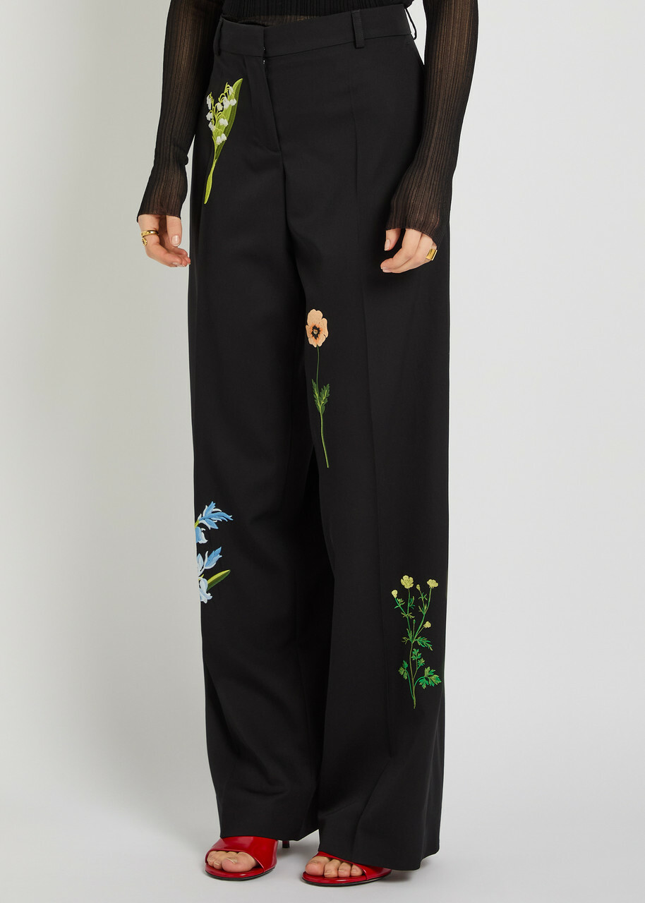 Stella Mccartney Floral-embroidered Straight-leg Trousers Black