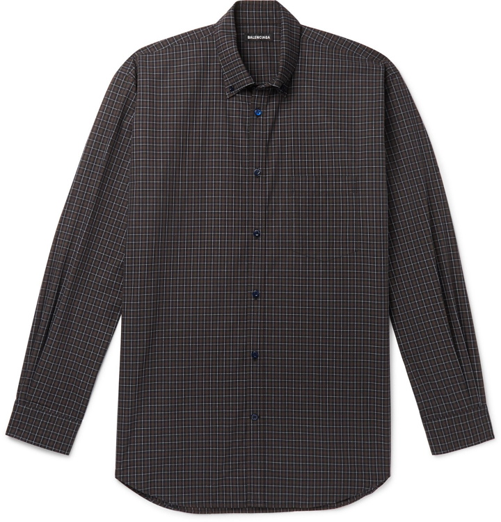 Photo: Balenciaga - Oversized Button-Down Collar Logo-Print Checked Cotton-Poplin Shirt - Blue