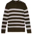 Balmain - Slim-Fit Buttoned Striped Metallic Knitted Sweater - Men - Green