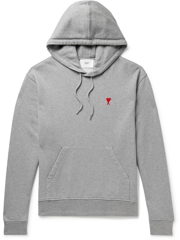 Photo: AMI PARIS - Logo-Embroidered Cotton-Jersey Hoodie - Gray