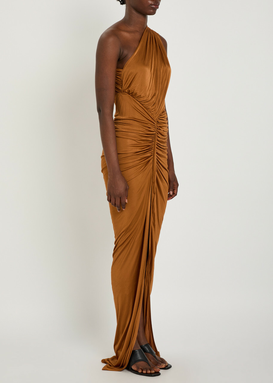 Rick Owens Lilies Avra Gathered One-shoulder Jersey Gown Tan