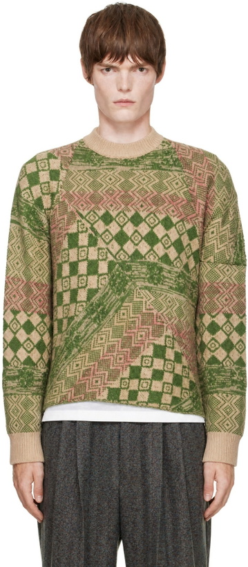 Photo: Dries Van Noten Beige & Green Jacquard Sweater