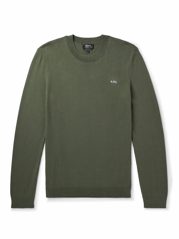 Photo: A.P.C. - Amir Slim-Fit Logo-Embroidered Cotton Sweater - Green