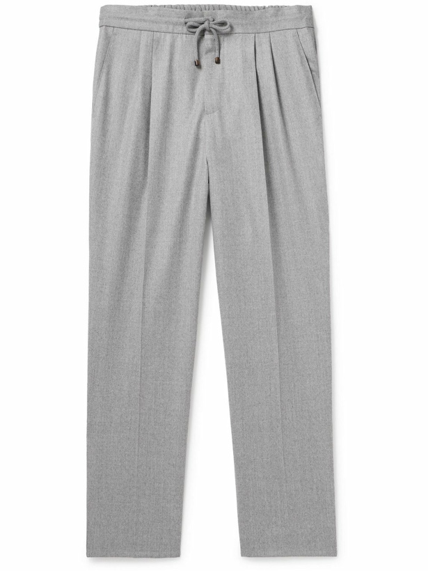 Photo: Brunello Cucinelli - Tapered Pleated Virgin Wool-Flannel Drawstring Trousers - Gray