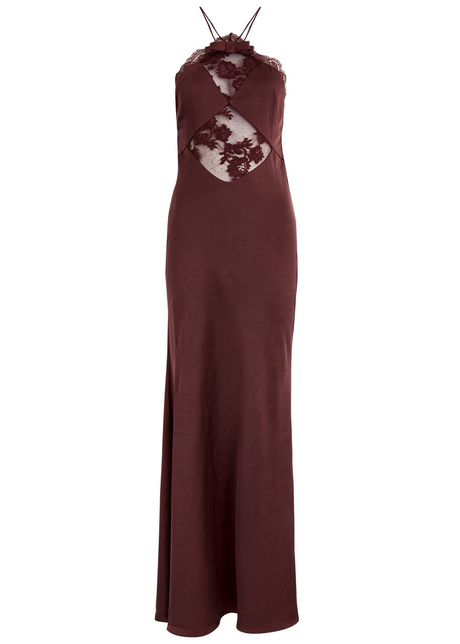 Self-portrait Lace-trimmed Satin Maxi Dress Brown