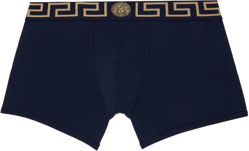 Versace Underwear Navy La Greca Border Long Boxers Versace Underwear
