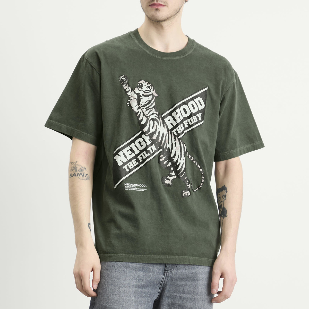 Neighborhood Men's SS-17 Tiger T-Shirt in Green Neighborhood