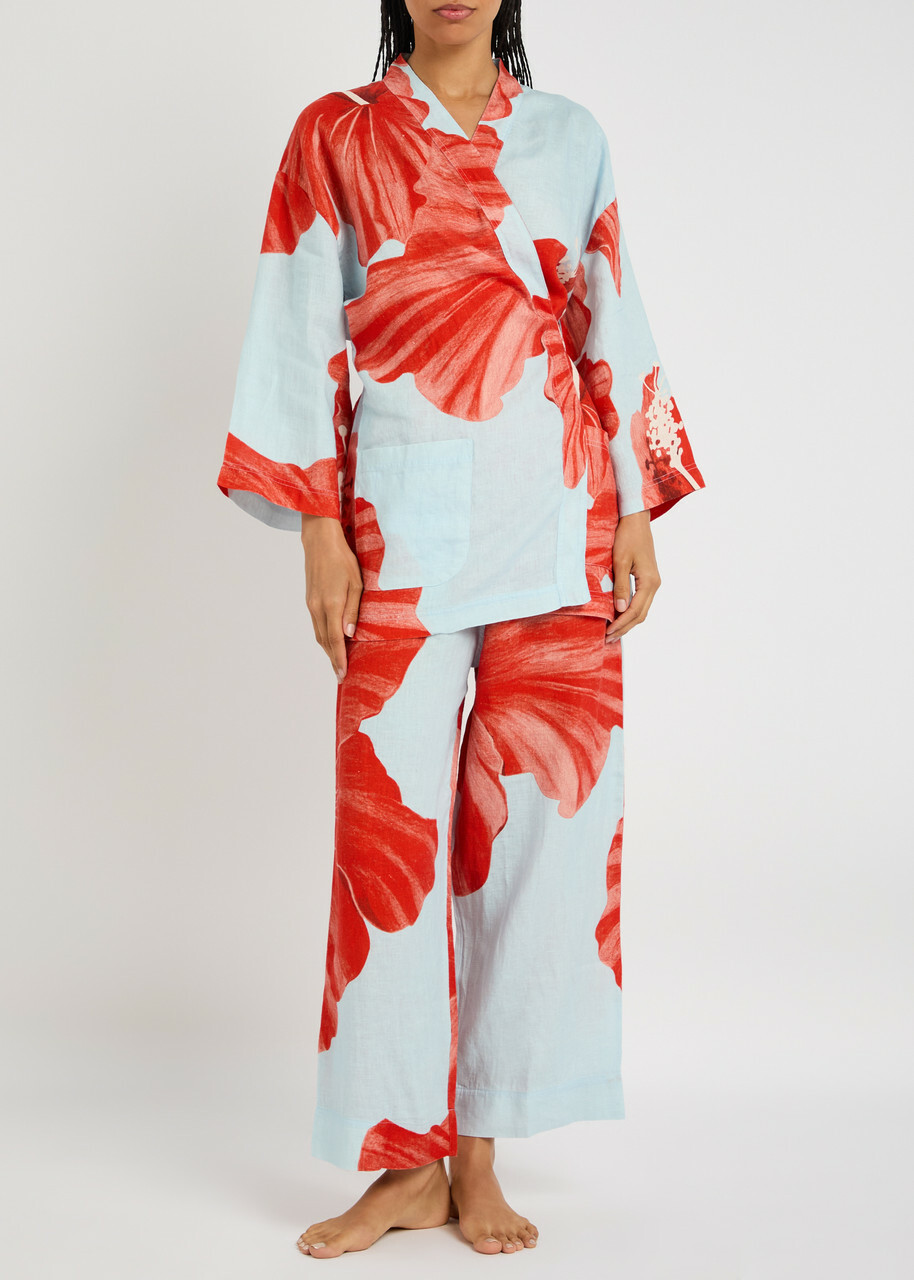 Desmond & Dempsey Grand Hibiscus Printed Linen Pyjama set Red